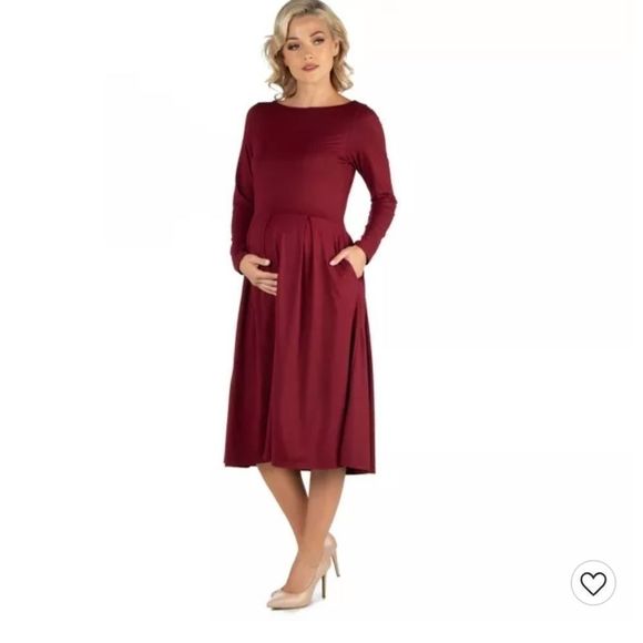 24seven Maternity Midi Dress Long Sleeve Fit and Flare Burgundy 2X NWOT - Picture 1 of 13